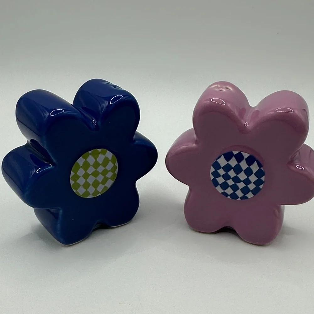 Blue and Pink Flower Shaped Ceramic Salt and Pepper Shakers